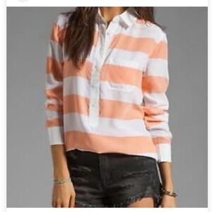 Equipment Femme 100% Silk Rugby Top in Peach and White Stripes